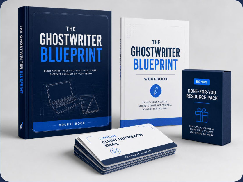 The Ghostwriter Blueprint official product artwork showing the Course Book, Workbook, Done-for-You Resource Pack and Template Library