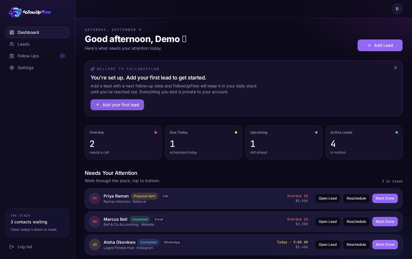 FollowUpFlow dashboard showing overdue, due today and upcoming follow-ups