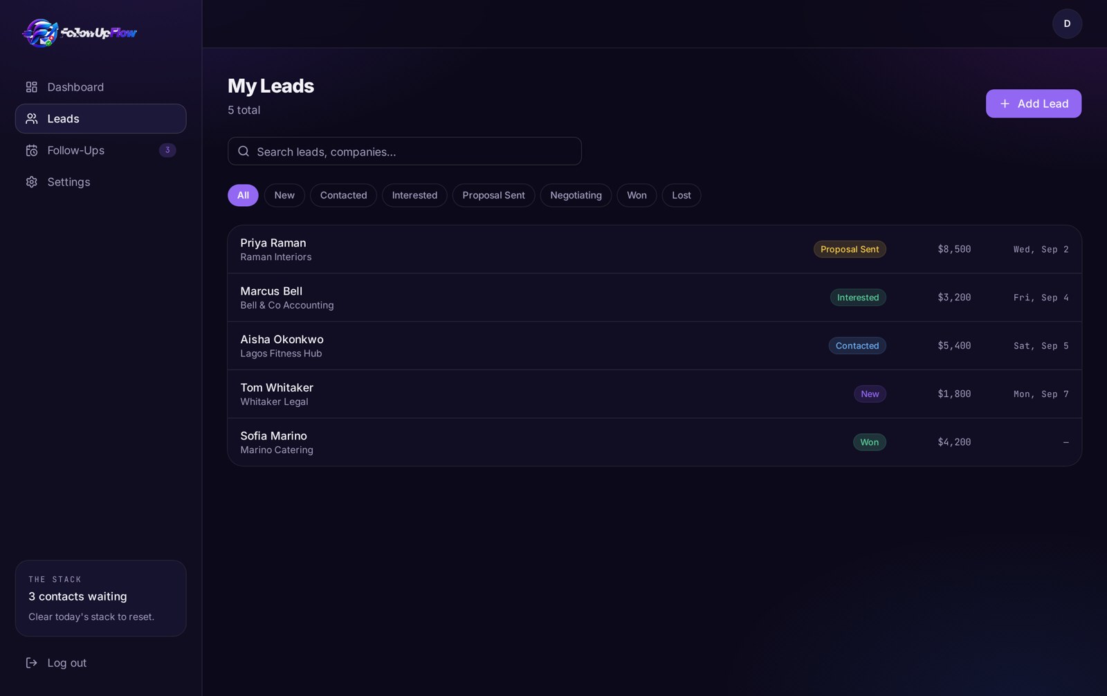 FollowUpFlow leads list with stage labels, deal values and next follow-up dates